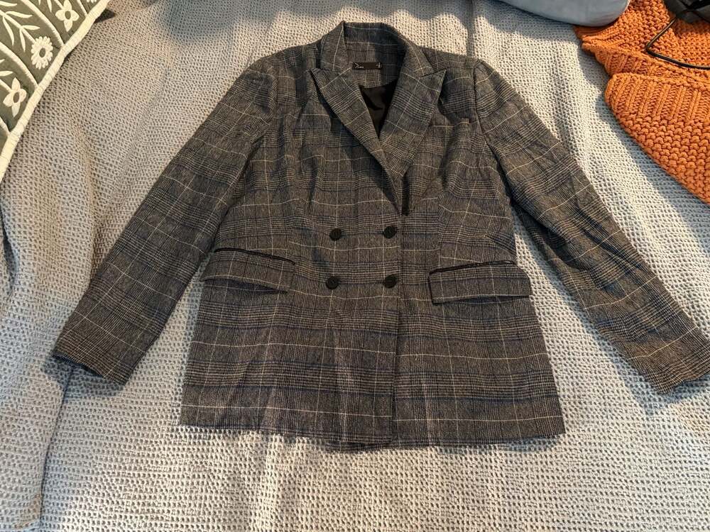 Noir Grey Plaid Double-Breasted Blazer Jacket Size L